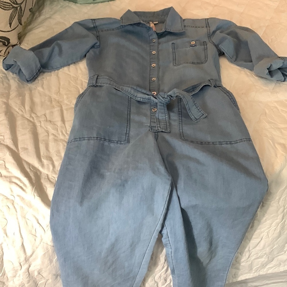 Girls chambray jumpsuit 10 Brown Scooter brand long sleeve roll tabs adorable